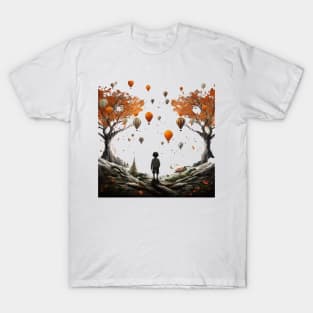 A Child Stands Below Autumn Trees While Balloons Fly Around Him Surrealistic Fantasy Landscapes T-Shirt